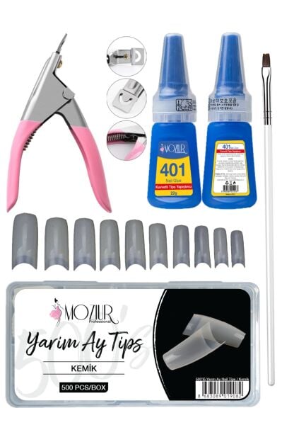 500'lü Yarım Ay Tips Tırnak + Tips Makası + Tips Yapıştırıcısı + Jel Fırçası